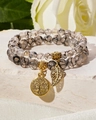 Detail of Tree of Life and leaf charms on natural stone beads with golden accents - Dragon Vein Agate