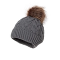Cozy grey knit baby beanie with a large brown faux fur pom pom for winter warmth - One Size / Gray