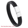 Bracelet tressé en cuir noir pour hommes avec fermoir magnétique argenté, 21 cm - 21cm / Boucle Argentée Cuir Noir