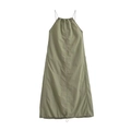 Detail of sage green halter dress featuring lightweight textured fabric and loose fit - S / Bean Green