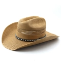 Western straw cowboy hat with hollow breathable crown and patterned band in 45-degree view - M(56-58cm) / Khaki