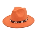 Detail of orange wool fedora featuring black leather belt and silver embossed buckles - M (56-58cm) / Orange