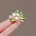 Elegant gold flower brooch with green enamel leaves, white pearls and clear zircons - 251# Green Leaf