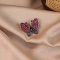 Bowtie butterfly brooch with rose pink and purple rhinestones on champagne silk fabric - Purple Butterfly / Purple