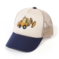 Kinder Mesh Baseball Cap mit gelber Bagger-Stickerei und marineblauem gebogenem Schirm - Navyblau Krempe + Beige Netz
