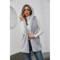 Fashionable grey hooded faux fur vest featuring soft plush material and stripe texture - S / Gray