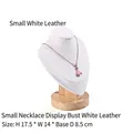 Small white PU leather necklace display stand with round wooden base and dimensions - White Leather Small