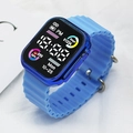 Blue sporty digital watch with square metal-finish case and ripple silicone strap - Blue-Royal Blue