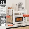 White 2-tier adjustable kitchen microwave rack with hooks and cutting board holder - 2-Tier Fixed-58cm-Cream White-Full Accessory Set