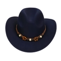 Retro navy blue cowboy hat featuring a woven band with decorative wooden beads - M (56-58cm) / Navy Blue (168-F)
