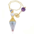 Antique silver chakra resin pendulum with colorful crystals and gold lotus charm - New Gold Crown Aquamarine + Lotus Chain