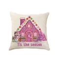Linen pillowcase with pink gingerbread house, snowman and 'Tis the season' text print - Gingerbread House & Snowman (2307-15)