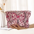Corduroy makeup bag with pink bow and heart prints featuring a secure zipper closure - White Pink Big Bow Heart (MT0226029)