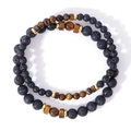 Double-layer men's bracelet with black volcanic stone and tiger eye beads with gold spacers - Lava Stone Tiger Eye Gold Spacer Double Wrap Bracelet (B-S24090601A)