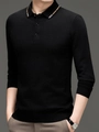 Schwarzes Herren-Strickpoloshirt mit braunem geometrischem Muster am Kragen - M / Oberteile / Schwarz