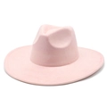 Detailed view of the soft pink wide-brimmed felt fedora hat with a classic pinched crown - M (56-59cm) / Pink Suede