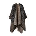 Ethnic paisley jacquard shawl in black and beige reversible faux cashmere knit cape - One Size / Paisley Pattern - Black Khaki