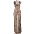 Detailed view of leopard print sheer fabric with plunging V-neckline and halter style - XS / Leopard Print