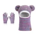 Colorful knit kids winter balaclava hat with dual pom-poms and touch-screen gloves set - Two-tone Multicolor