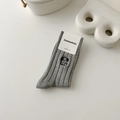 Grey combed cotton crew socks with ribbed texture and cute puppy embroidery detail - One Size / Light Gray