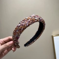 Macro detail of brown and pink woven tweed headband with padded sponge design - Padded Headband / 3CM Wide / Orange + Purple Weave
