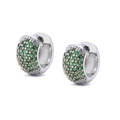 Detail view of mini silver hoop earrings with pave-set green round cubic zirconia - Platinum Plated Green Zirconia