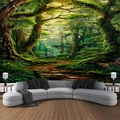 Dettaglio dell'arazzo forestale con luce solare tra gli alberi per decorazione muro - 300x230cm / Sentiero nel Bosco Soleggiato