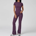 Slim fit plum purple yoga set featuring short sleeve crew neck top and flared gym pants - S / Short Sleeve + Flare Pants / Dark Purple