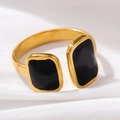 Minimalist 18k gold plated stainless steel open ring with square black enamel accents - Adjustable Open / Gold Black Square Bangle (JR430-GD)