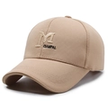 Khaki baseball cap with white M letter embroidery and hard curved brim for outdoor sun protection - Deep Beige