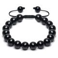 Detail of 10mm polished black onyx beaded bracelet with adjustable woven cord - 10mm Bead Diameter / Black Agate Bracelet