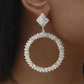 Elegant long silver tassel earrings with sparkling rhinestones in a circular design - Silver Geometric Rhombus Full Rhinestone Earrings (DTE1516125S)