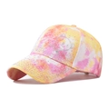 Close-up of pink and orange tie-dye baseball cap with sparkling crystal bear motif - Adjustable / Bear Orange