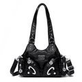Black leather crossbody tote bag with multi-pocket design and metallic floral zippers - Black