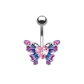 Piercing de ombligo de mariposa con gema rosa de corazón y alas degradadas en violeta y azul - Mariposa Degradado Púrpura (Barra Plateada)