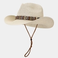 Detail of straw cowboy hat with bohemian shell band and adjustable wind lanyard - Beige