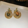 Snake shape earrings in gold finish featuring an oval opal and blue crystal eyes - Opal Stone Snake Style / Gold