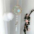 Detail of moon suncatcher with green crystal stones and hanging clear glass prisms - Aventurine Jade