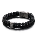Men's double-layer black leather bracelet with marble beads and Ren character charm - Black Network Stone-Matte Black Clasp (Ren)