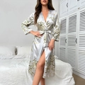 Women's silk satin bathrobe in pearl grey with elegant floral print and waist tie - Gray Cherry