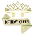 Detail of a gold rhinestone birthday crown and gold glitter sash with BIRTHDAY QUEEN text - Birthday Queen Set / Gold