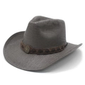 Close-up of gray straw cowboy hat featuring brown braided band and bronze star emblem - M(56-58cm) / Black and Gray