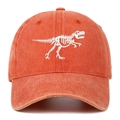 Close-up of dinosaur skeleton embroidery on a vintage washed orange cotton baseball cap - One Size / Orange