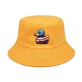 Detail of yellow cotton bucket hat featuring a cartoon duck with American flag pattern - M (56-58cm) / Yellow