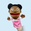 Plush hand puppet toy featuring a dark skin female character in pink white overalls - 28cm Black Daughter
