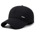 Winter men's black textured baseball cap with silver metal tag and thick wool fabric - Adjustable / Black