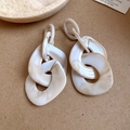 Beige marble acrylic chain earrings with geometric oval links and steel pin studs - Steel Needle - White