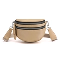 Beige crescent crossbody bag in matte leather featuring double zippers and wide fabric strap - Khaki