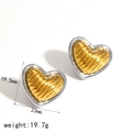 Two-tone 18k gold plated heart earrings in stainless steel with textured wavy finish - Silver Frame Gold Heart Bi-color Style (TE60041-SG)
