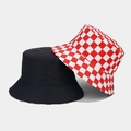 Reversible checkerboard and solid black bucket hat with high-quality canvas texture - M (56-58cm) / Red